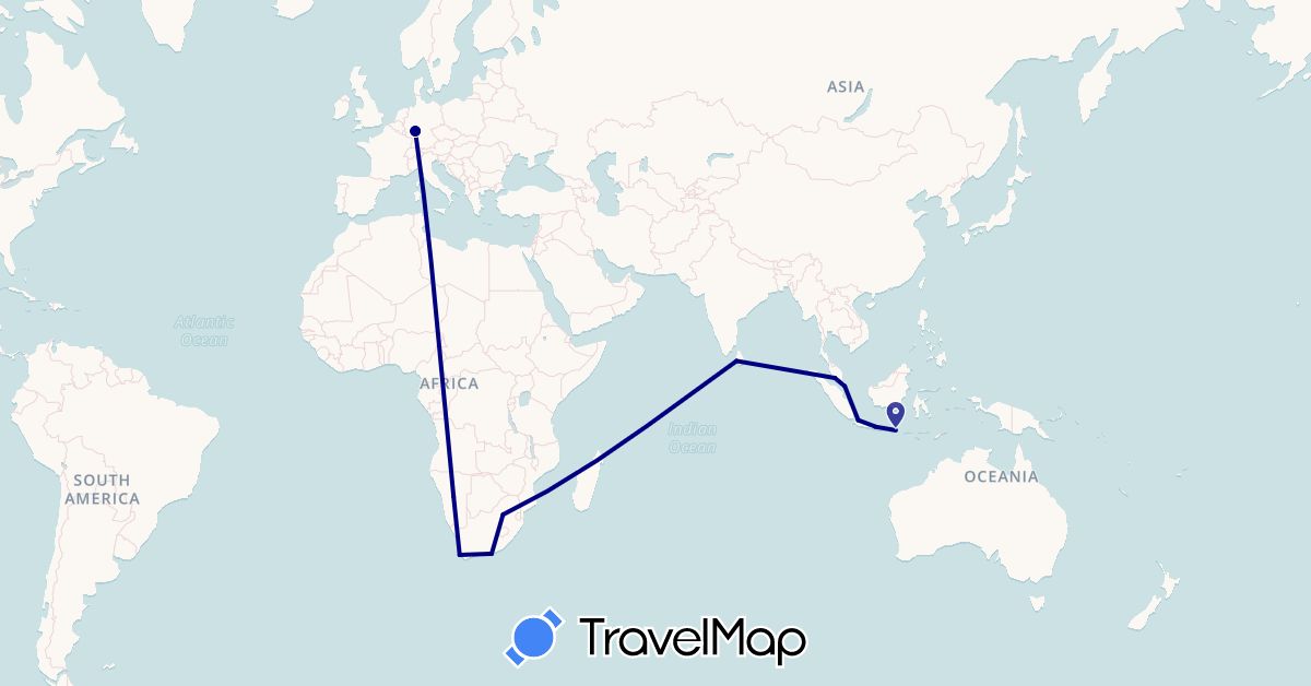 TravelMap itinerary: driving in Germany, Indonesia, Sri Lanka, Malaysia, Namibia, Singapore, South Africa (Africa, Asia, Europe)